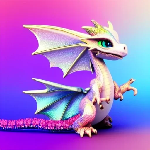 cute, adorable baby dragon made of crystals and gems with glittery scales and iridescent wings sitting on a cloud of cotton candy, muted rainbow colors, intricate, fine detail, 8k, sharp, crisp, high-quality, 3d octane render, Dreamworks, render