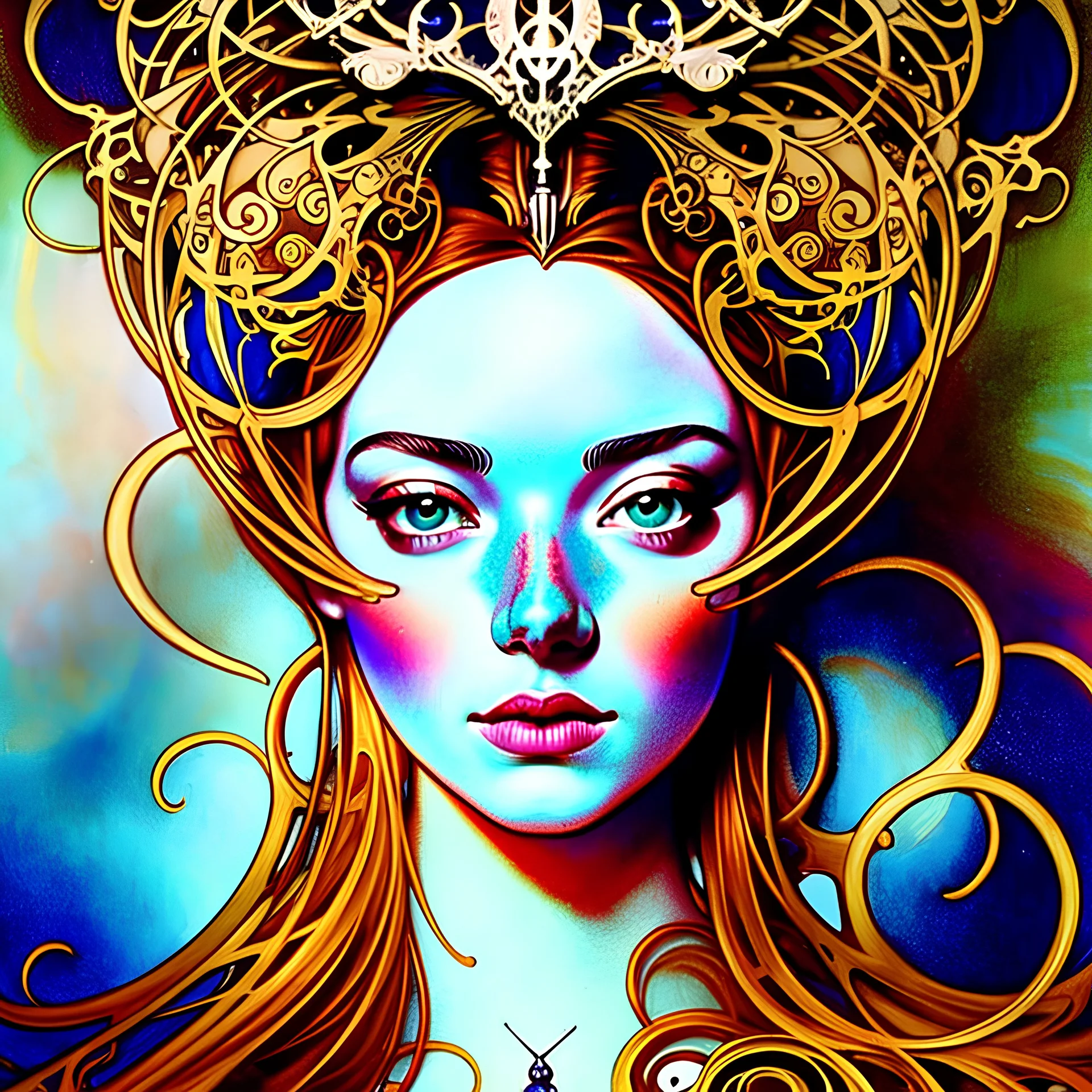 art by Alfons Mucha in the style of Salvador Dali, muted psychedelic colors, Emma Stone as a high elf steampunk warrior, in an biomechanical universe, HD 4K ultra high resolution, photo-real accurate, cinematic volumetric lighting