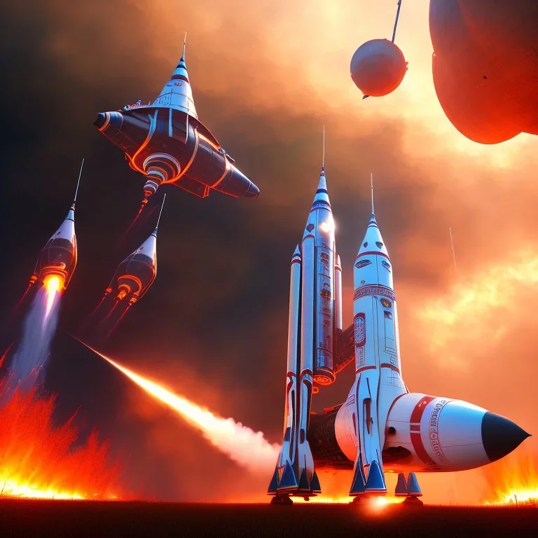 massive rocket ship during its launch from the ground| ground level full of fire and smoke| extreme long shot| centered| vibrant| massive scale| dynamic lighting| in mdjrny-v4 style