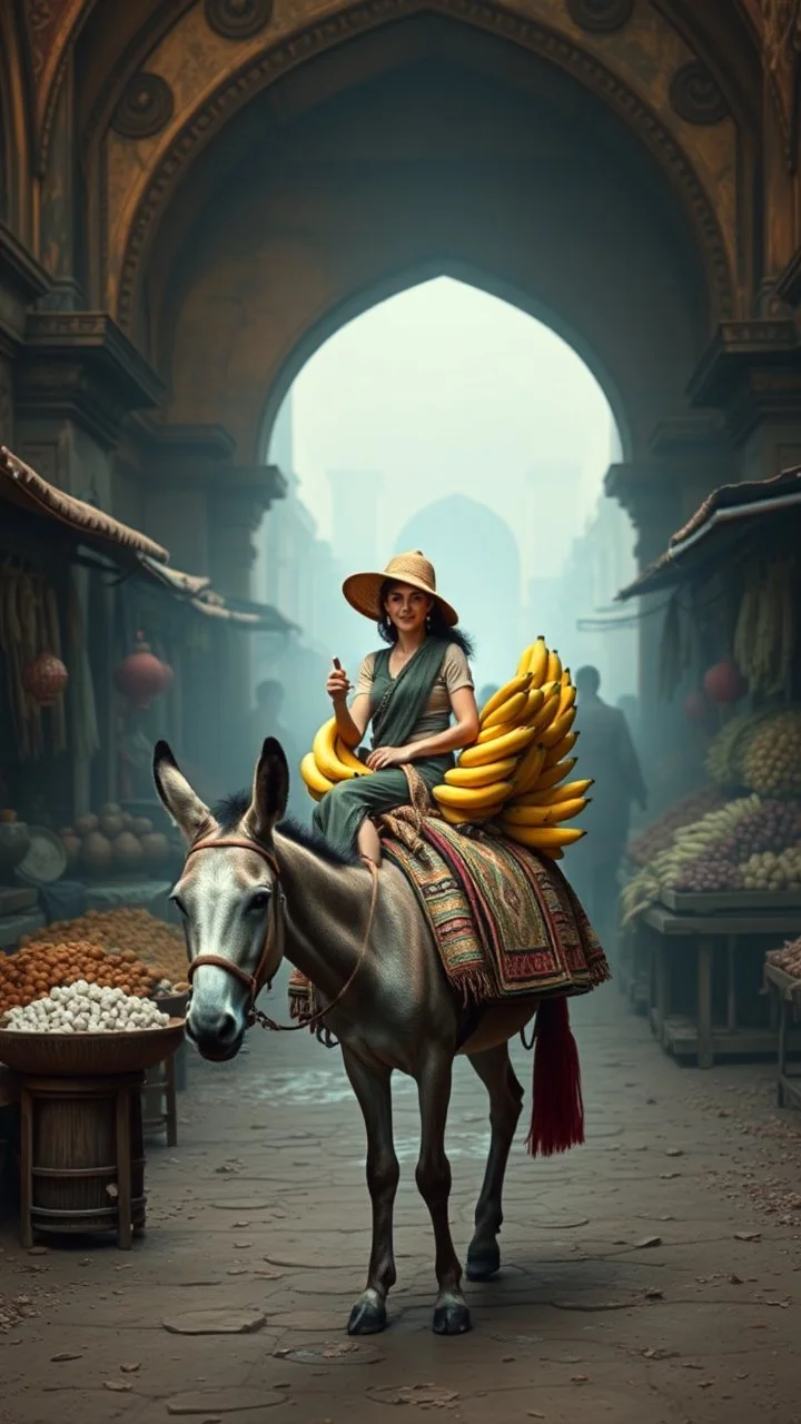 A woman sailing bananas on a donkey in an ancient time market