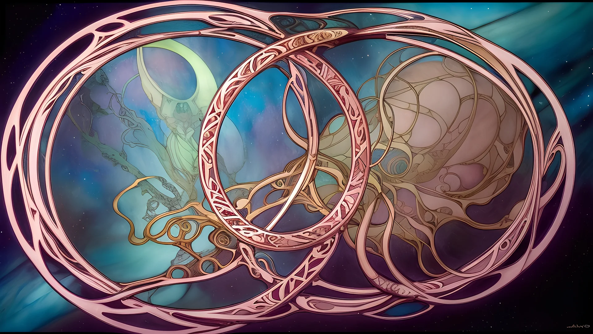 art by Alfons Mucha and Patrick Woodroffe, stained glass motif, Ouroboros, infinity symbol, mystical, mechanistic, metaphysical, serpentine, cosmic, nebula, HD 4K, sharp detail, photo-realistic, octane rendering, award winning photography, cinematic lighting