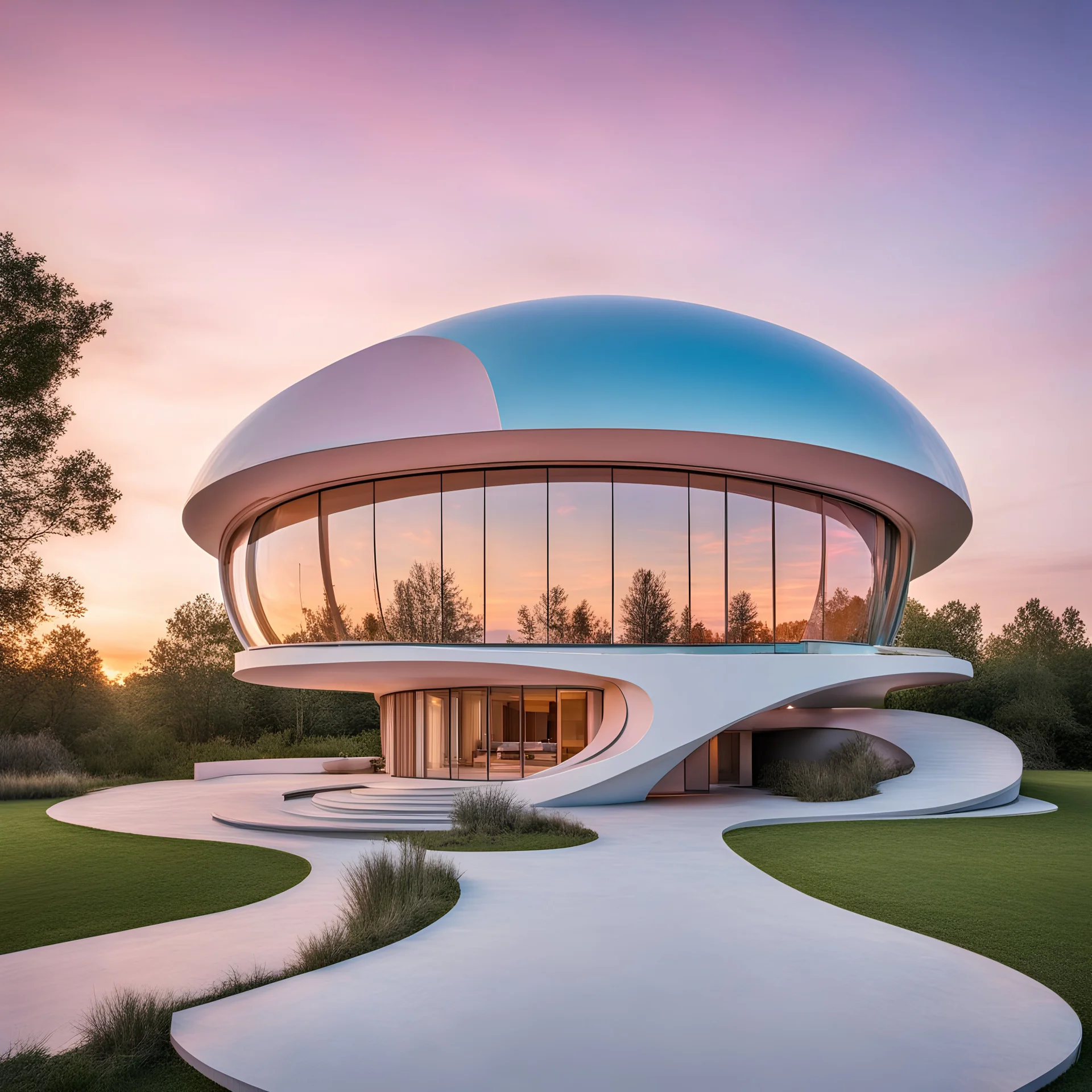 An organic round-shaped house seamlessly integrated into a sky filled with pastel hues during sunset, modernist architecture with large curved windows, casting warm sunlight on the structure, emphasizing its sleek design and blending with the natural surroundings, Architectural photography, shot with a Canon EOS R5 and a 24-70mm lens