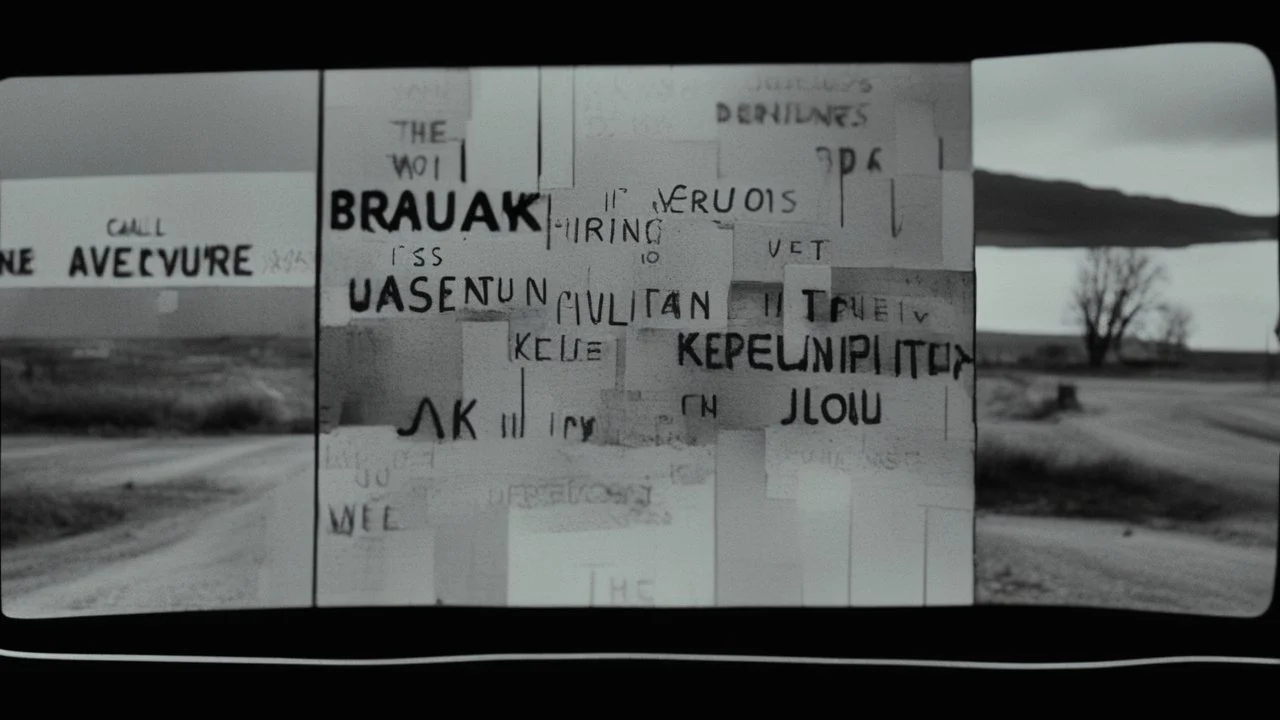 A glitchy video message on a smartphone screen, with fragmented words and disjointed images, symbolizing the call to adventure.The protagonists staring at the screen, a mix of curiosity and unease on their face. [William S. Burroughs' "The Electronic Revolution" and Jack Kerouac's "On the Road." ]