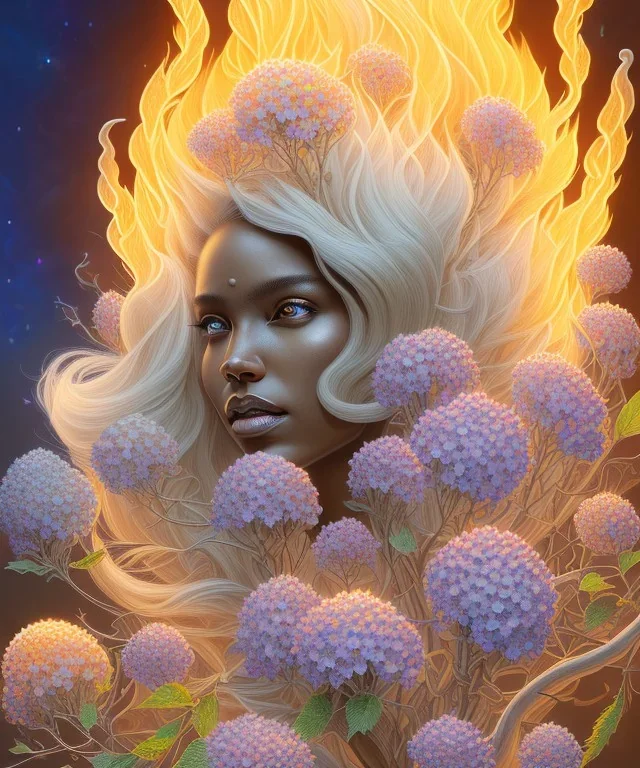 white hydrangea flowers, mandrake roots, mandrake root hands, platinum blonde woman on fire, psychedelic, intricate, elegant, highly detailed, background fire sky, digital painting, artstation, concept art, smooth, sharp focus, illustration, head shot, close up, art by artgerm and greg rutkowski and alphonse mucha, symmetrical eyes, perfect eyes, blue eyes, staring at camera, eye contact