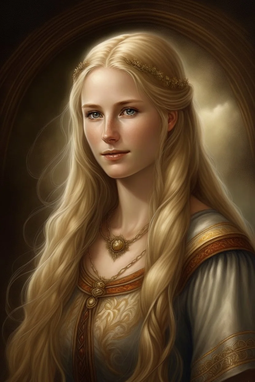 portrait of a goddess with long blond hair, warm-hearted, Norwegian