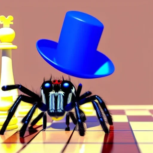 large hairy blue spider wearing a top hat and playing chess, photorealistic, blender render, wide angle lens, 4k, two birds, jungle,