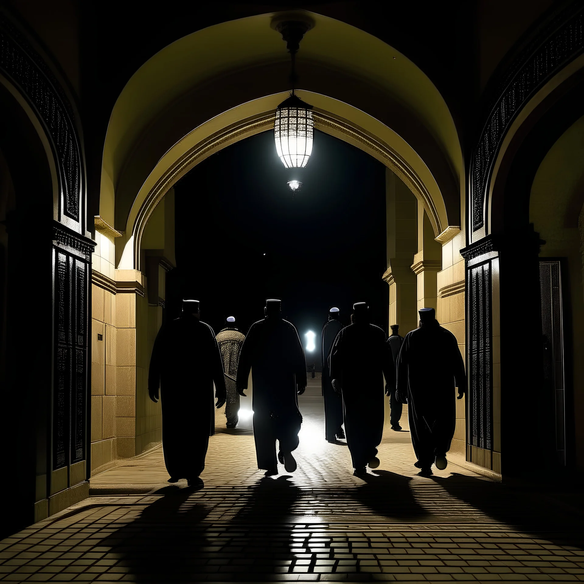 Men leaving the mosque at night