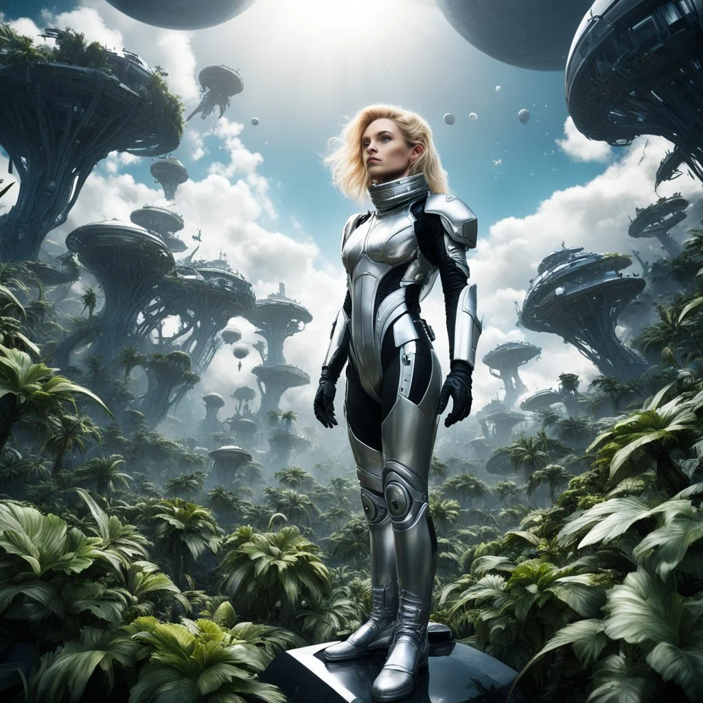 Wide-angle photo of a slim sci-fi woman with blond hair, wearing a silver and black futuristic android-like spacesuit, standing on an alien cloud tree jungle planet