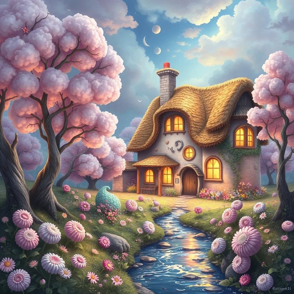 create a whimsical fairy tale landscape painting with a glowing storybook cottage of curved walls and thatched roof, nestled among fantastical pastel trees with cloud-like lavender, mint, peach, and cream foliage, a sparkling stream reflecting the colorful sky, abundant textured wildflowers like cotton candy and sea urchins in pastel shades, glowing windows, climbing vines with delicate blossoms, highly detailed dreamlike textures, soft diffused magical light --ar 16:9 --v 7 --style 4b --q 2