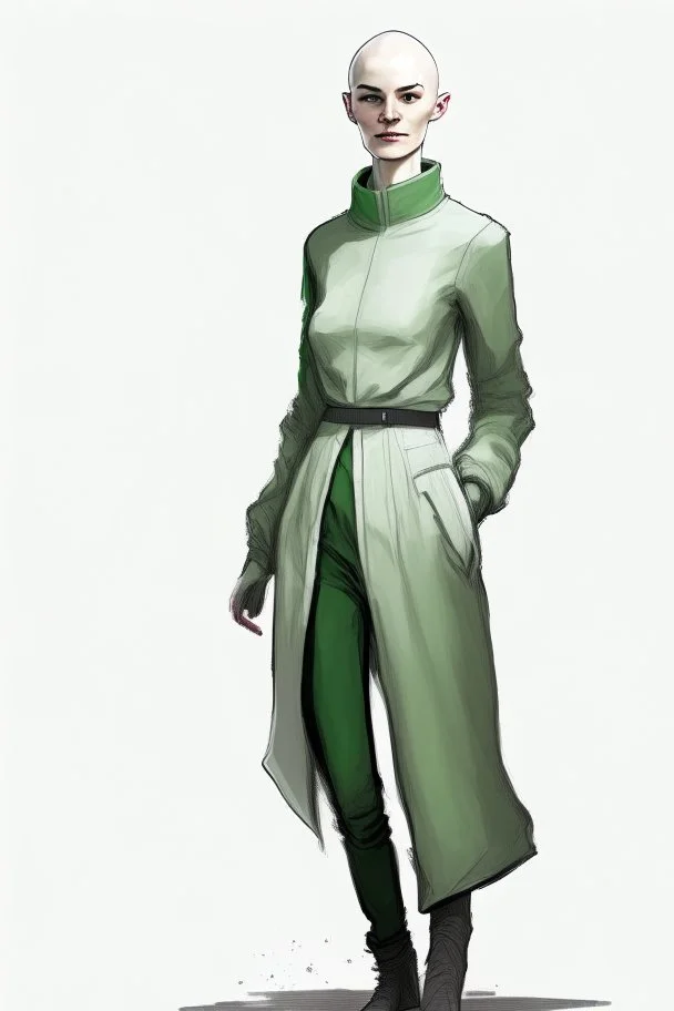 full length colour drawing, portrait, 22-year old friendly slender female human cleric, shaved head, light eyebrows, grey eyes, wearing white (10%0 and dark green (80%)