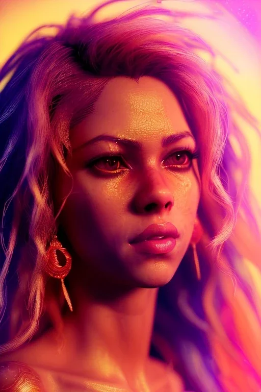 Shakira, artist, 30 years old, Realistic image, waist up portrait, etro style dress. Blonde, feathers, loose long hair, eyes make up, perfect, glow, circle iris. Neon colors, leds, geometric shapes. Dark background, photo studio, neon lights. Cyberpunk, concept art, smooth, unreal engine 5, god lights, ray tracing, RTX, lumen lighting, ultra detail, volumetric lighting, 3d, finely drawn, high definition, 4k.