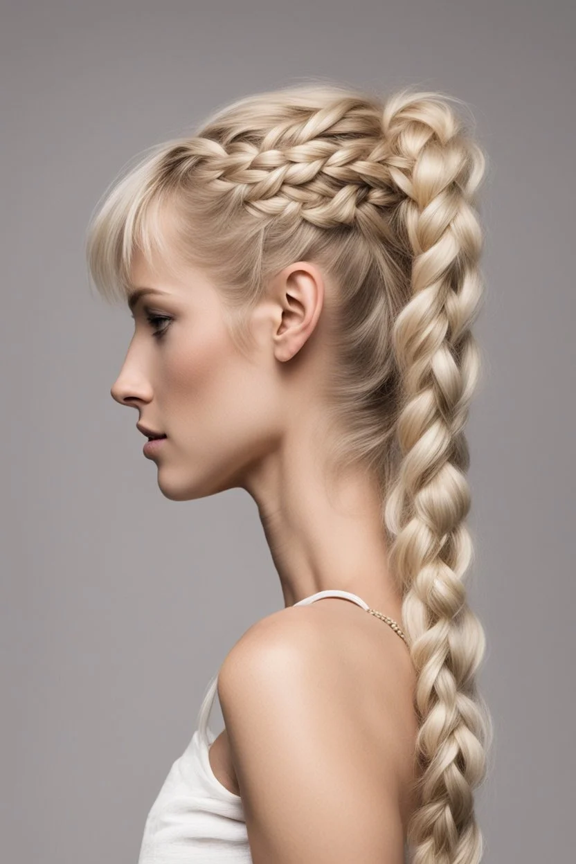 blond narrow braided ponytail, (Choppy Pixie:1.3)