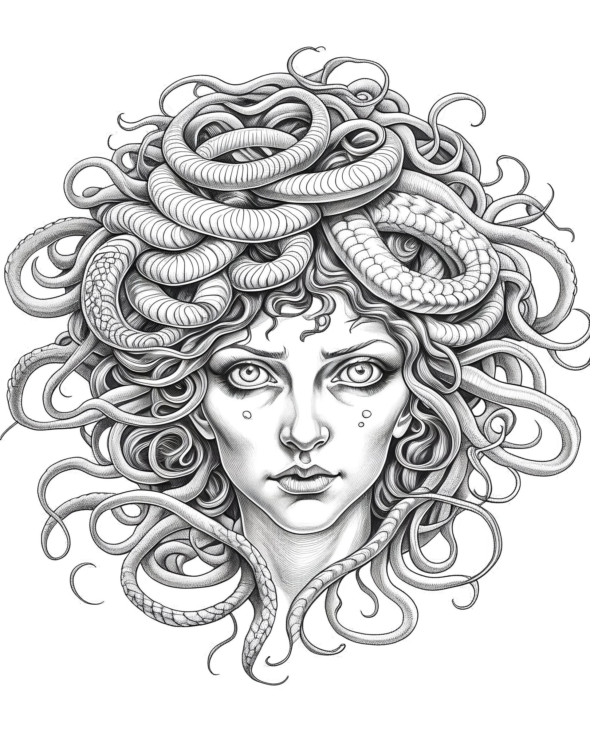 Medusa's petrifying gaze., realistis tatto sketch style, white background, profesional tatto sketch