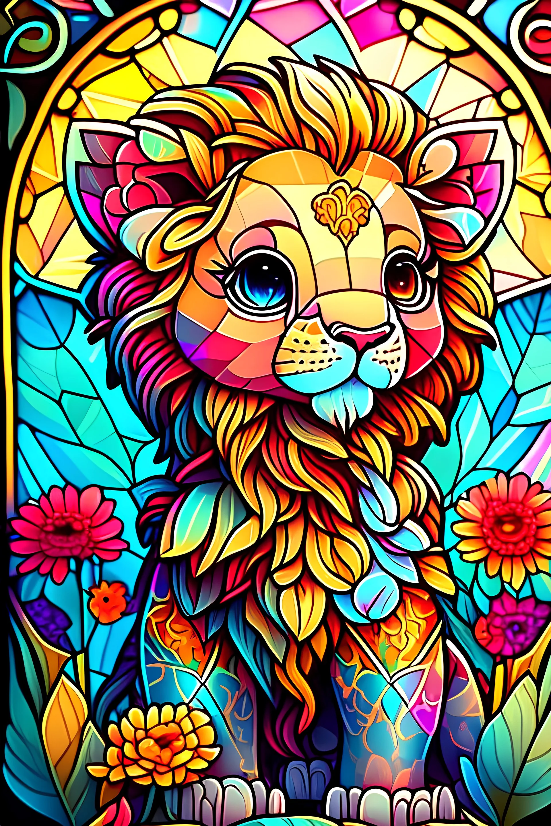 colorful kawaii cute splendid lion cub, perfect flowers, bright deep vibrant color, high detail, 3D vector art, cute and quirky, fantasy art, centered, in frame, stained glass