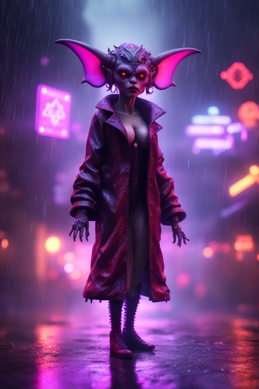 Volumetric fog gremlin satyr bimbo lights,paradise sacred geometry framed playing card, black, red, spore and purple neon fire cyber punk dancer thief in soaked rain coat shadows boss card in the style of giger and fallout 4 ,,bokeh like f/0.8, tilt-shift lens 8k, high detail, smooth render, down-light, unreal engine