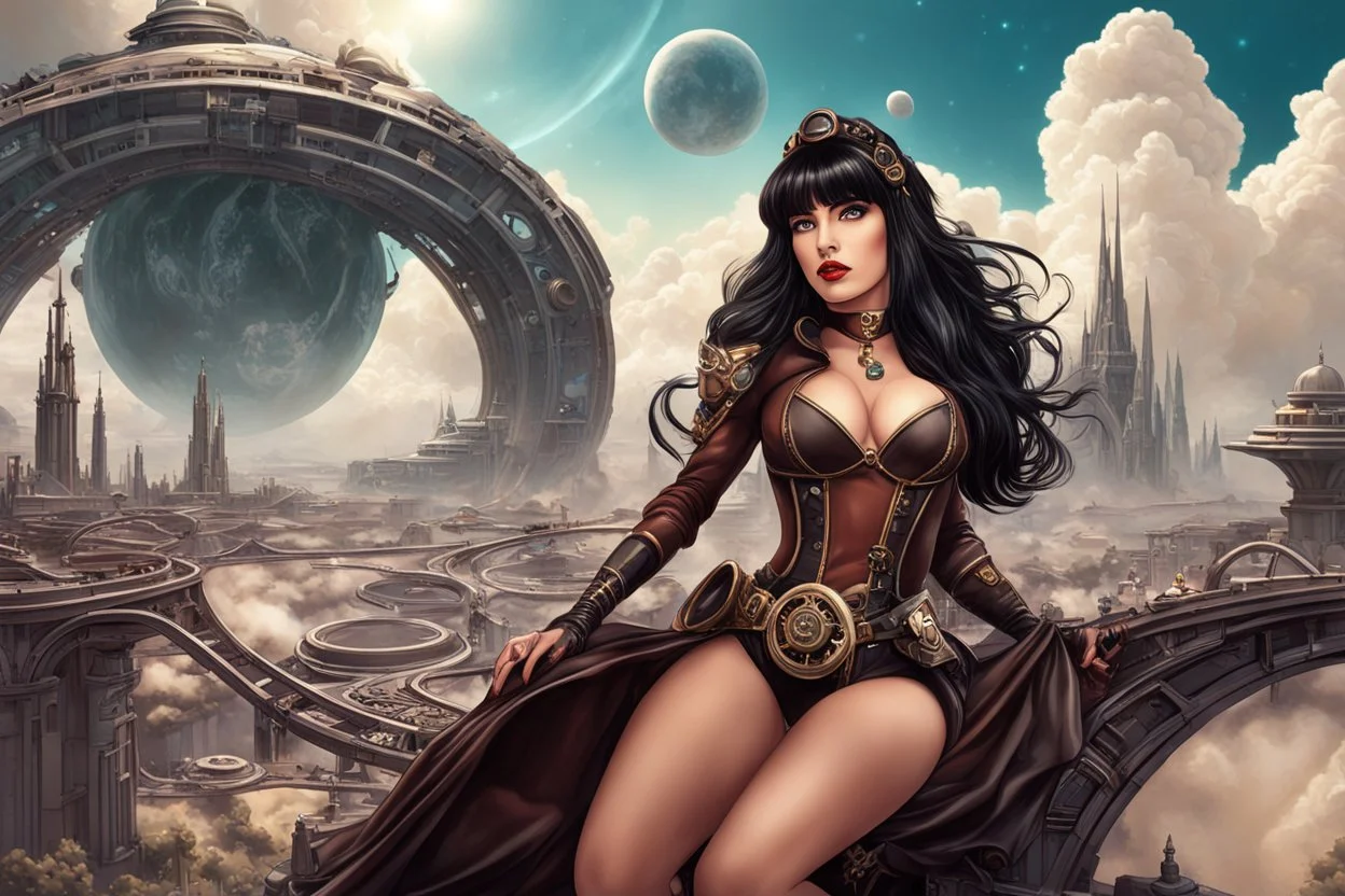 erotic sci-fi steampunk pin-up girl, with long dark hair with bangs, on an alien planet with cloud trees, tall spires, buildings, bridges, arches, photorealistic