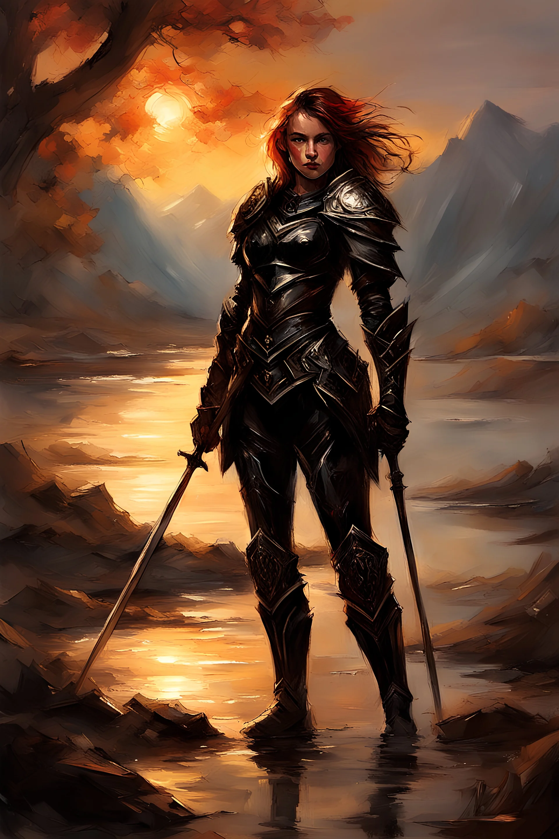 A formidable warrior girl in black armor, on the background Amazing gloomy landscape, flooded with sunset, mountains, trees, fabulous scary hero, , juicy emotions, painting, dark fantasy, gloomy day, dark world, portrait, by James Paick & Anna Razumovskaya