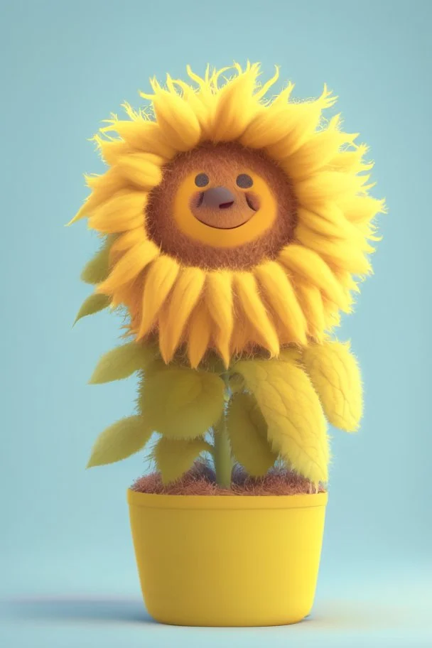 Cheery and cute sunflower in a pot avatar full body in fluffy material