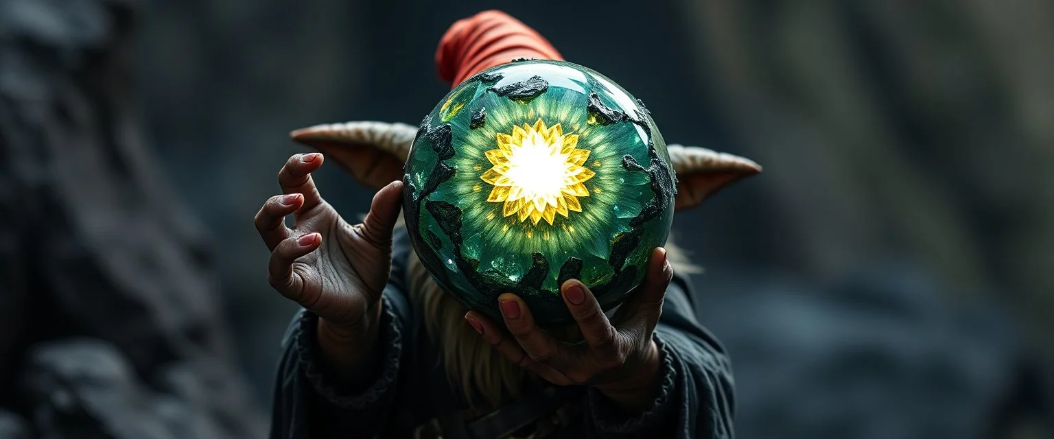 dark dwarf mining expert gremlin expert holding up a radiant Painite crystal rosette ball
