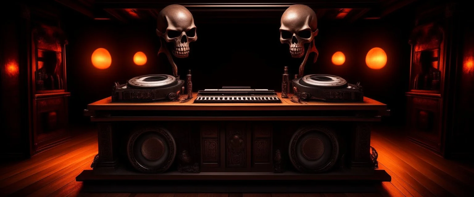 DJ of the damnded, insanely detailed DJ booth in hell, MID set, speakers and equipment made of bone, anatomically correct, add more skulls in th audience, photorealism, vray, 8k 3d https://stablecog.com/generate?o=a67b60e0-edd2-418d-9744-d1d585055d7f