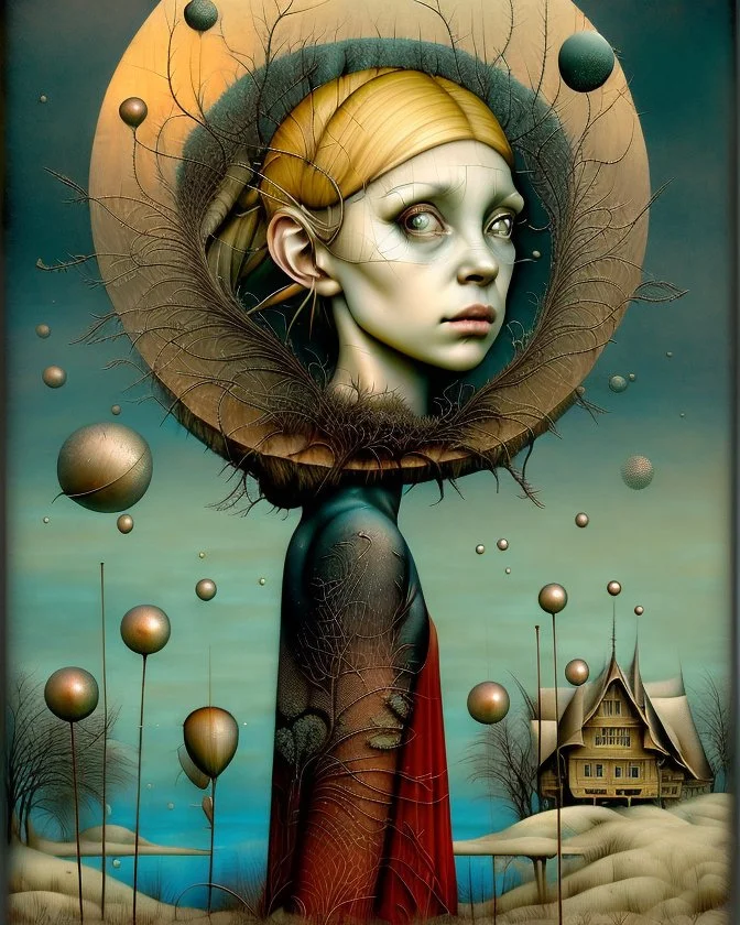 Richly textured Hieronymus Bosch, Catrin Welz-Stein, William Turner, Zdzisław Beksiński, Jacek Yerka oil on canvas zentangle line art style mix, surreal frosted fantasyland winter oceanscape, hoarfrost on trees, high grasses, snow and cottages, withered flowers, pale sunrise; paint splatter, beautiful vibrant colors, reflections, SK, flying seagulls, dramatic clouds, snowfall.