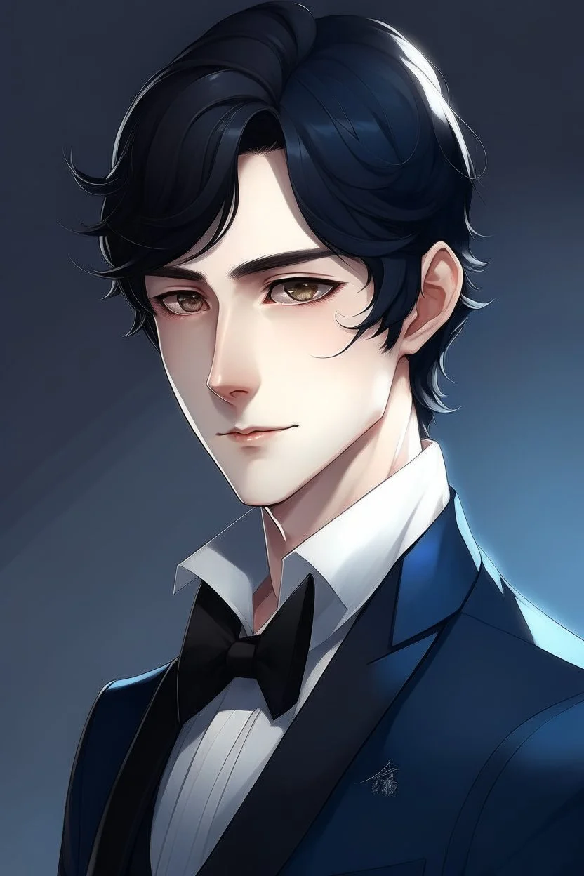 man with black hair and blue eyes anime wearing tuxedo realistic