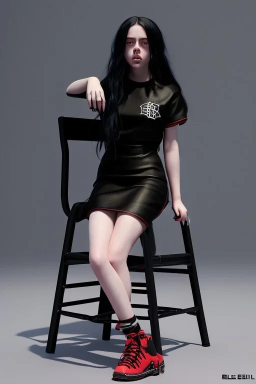 Billie Eilish, sitting on a chair, Black Short Dress, high detail, realistic