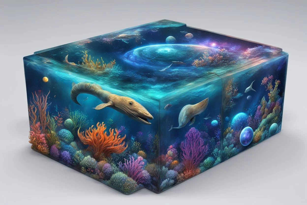 hyperrealistic, 4k, box for storing things with beautiful drawings a lot of colours, very detailed, subnautica, sea plants, seal leviathan, planets space, galaxies,