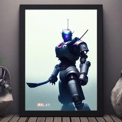 a robot samurai run, black armor, ultra realistic, unreal engine, cinematic lighting, octane render, masterpiece art by Yoji Shinkawa, picture in frame, frame around