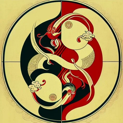 Ukiyo-e styled art, ying and yang sign