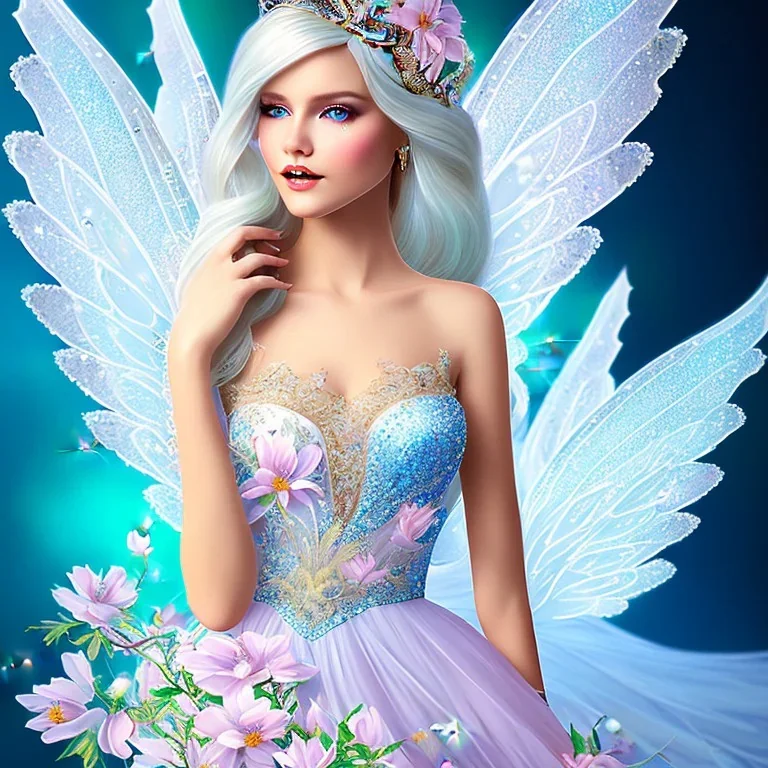 fantasy fairy with transparent wings, smiling, make up, long platinum blond hair with crown and flowers, blue dress, flowers background