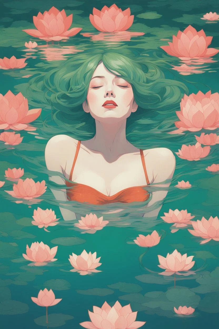 A green-haired woman facing up lies at the bottom of the pool, with lotus flowers floating on the water, reflection, loose strokes, dynamic lighting, digital art, art by james jean, takato yamamoto, 4k, concept art, illustrative