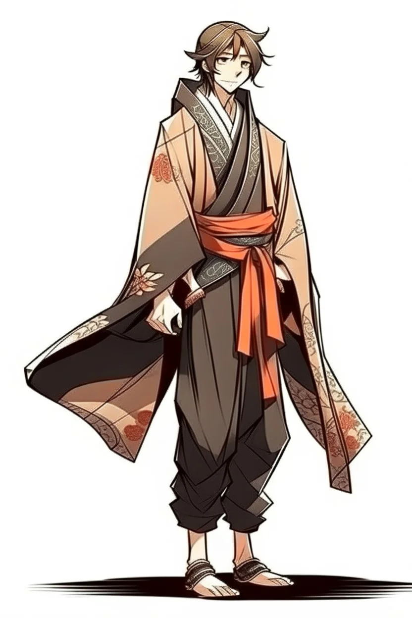 young human rogue in kimono clothing hood down full body