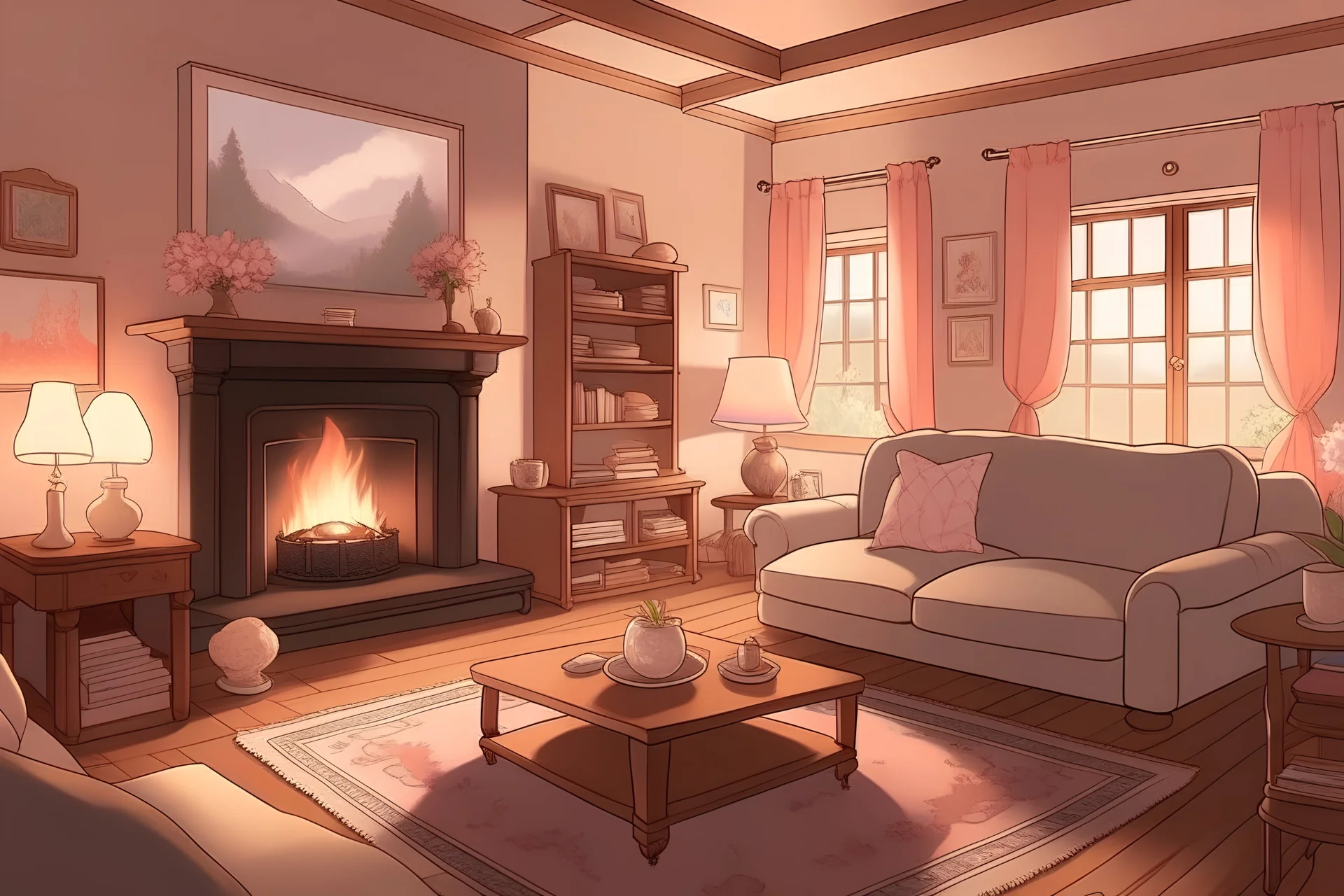 Craft a warm living room with a fireplace, family photos, and soft, pastel hues. Include subtle horror elements, such as flickering lights casting eerie shadows, family photos with faces that distort at times, or a painting that gradually changes over time. anime visual novel style