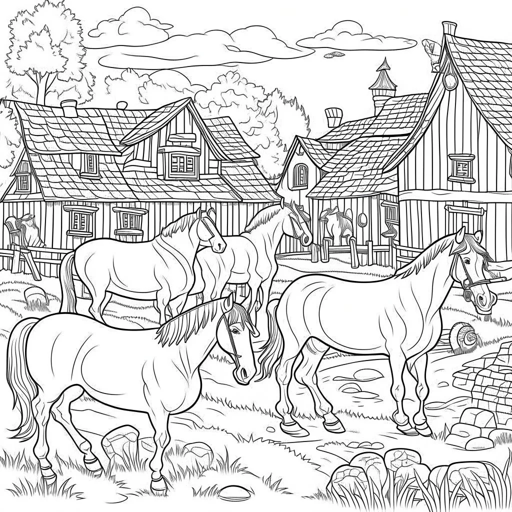 oloring book for kids, no colors, horses in village