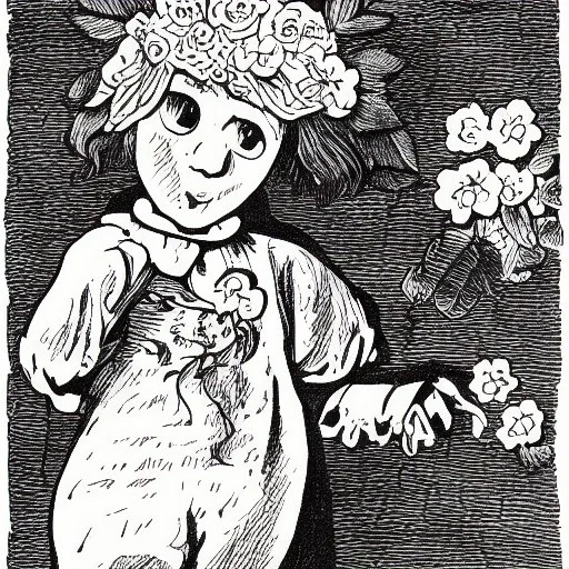 illustration of a childish looking character in black and white, with big white eyes, full body, flower surrounding,