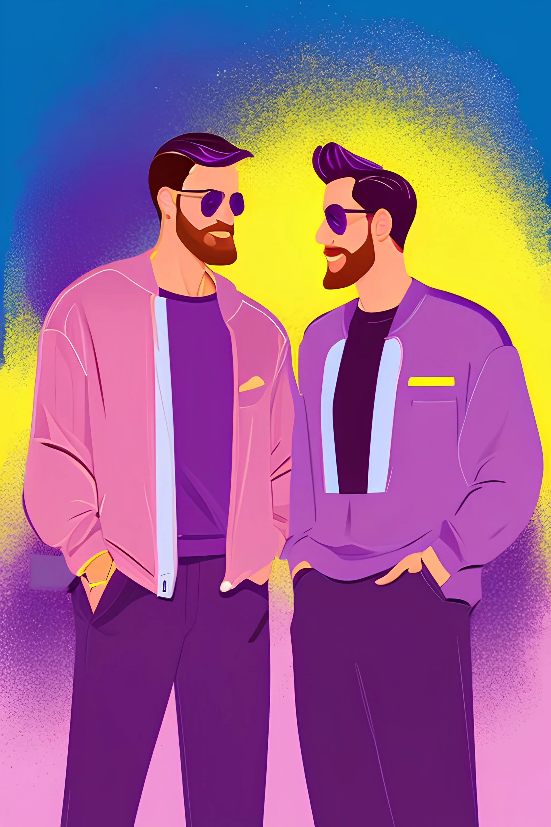 two handsome men holding a purple banana acrylic illustration