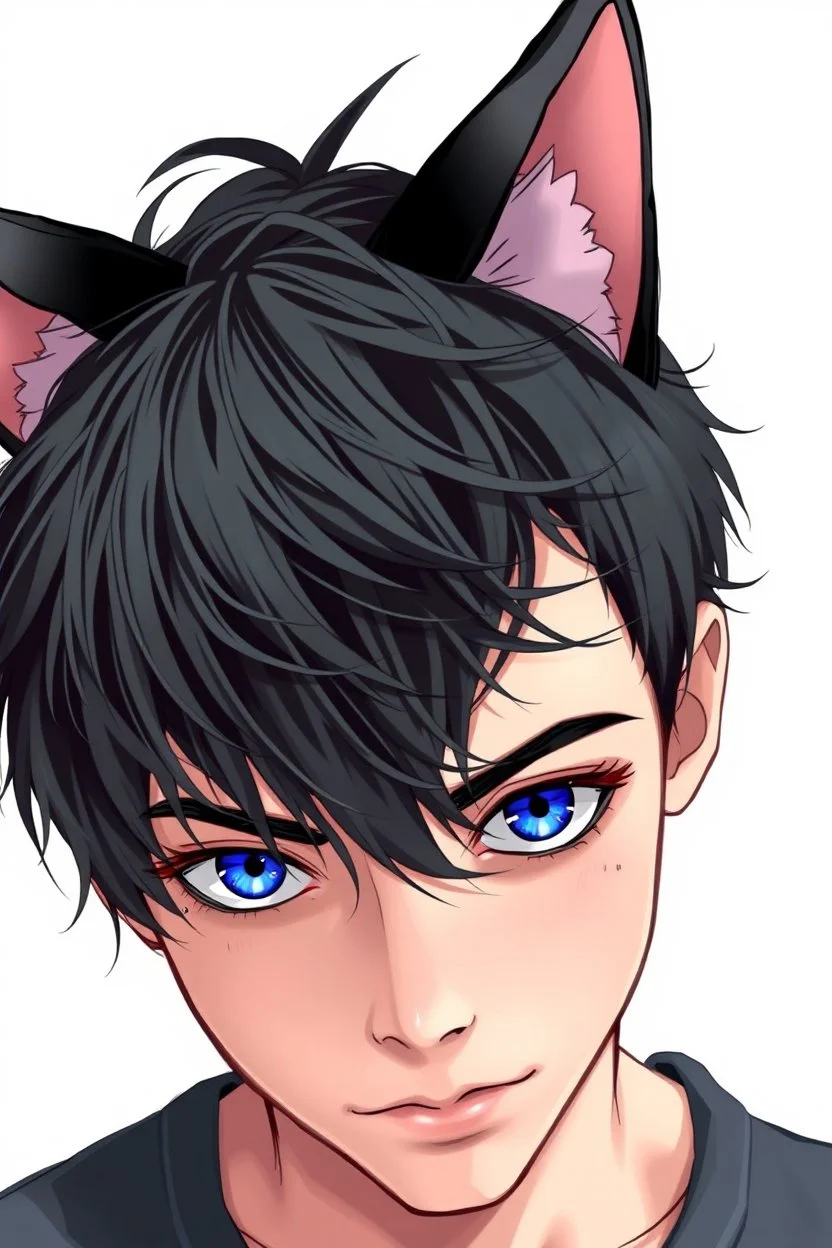 A young man with messy black hair, black cat ears on his head, blue eyes.