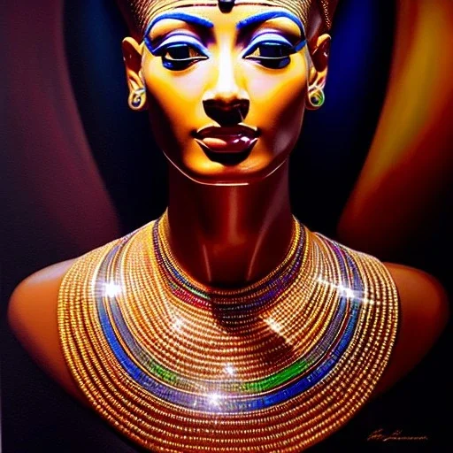 Ultra detailed fullbody Portrait in oil on canvas of busty female Nefertiti ,extremely detailed digital painting,ultrarealistic skin,intense stare, extremely detailed face, crystal clear eyes, mystical colors ,perfectly centered image, perfect composition, rim light, beautiful lighting,masterpiece ,8k, stunning scene, raytracing, anatomically correct, in the style of Simon Bisley and uncannyknack and Ohrai Noriyoshi and robert e howard and Steve Jung.