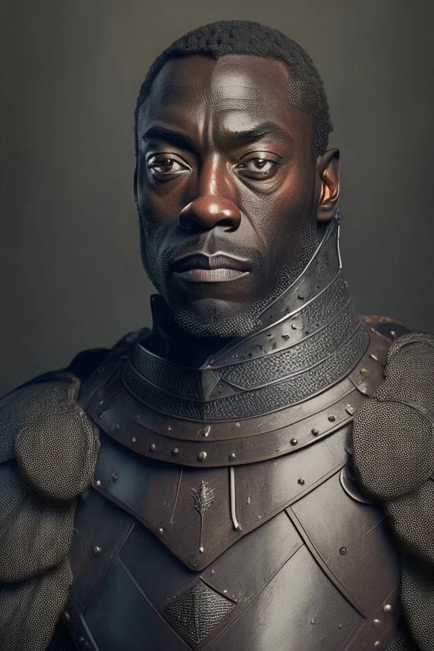 Portrait of a black man, fifty years, wearing a leather armor