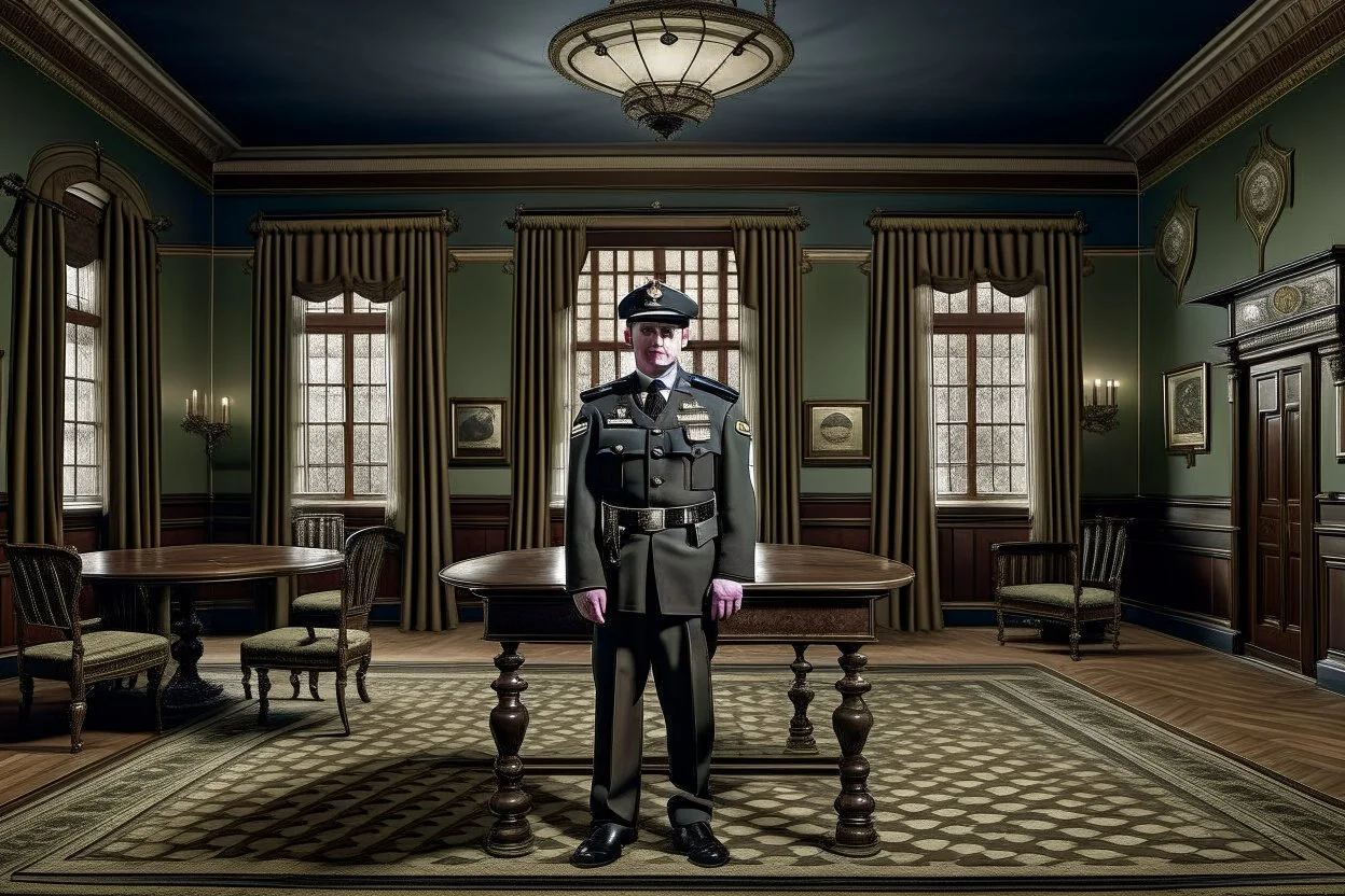 ww2 police officer, ww2 mansion hall background