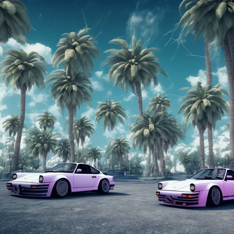 1980's aesthetic vaporwave palm trees and spheres and Porsche with lightning