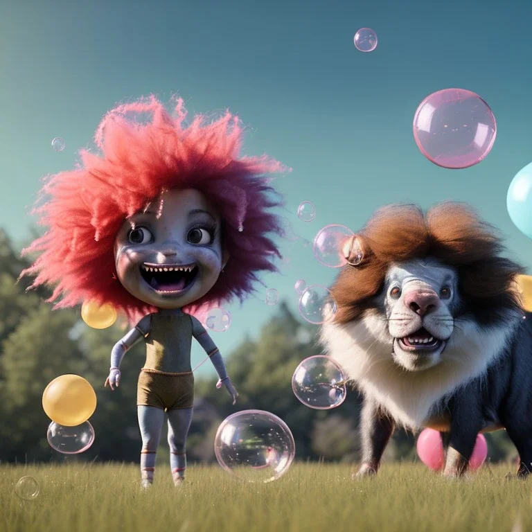 Ultra realistic circus scene. Sweet big hair monster. Child’s playing, smile, happy, color bubbles, smooth color, waist up view, Wes Anderson style, dark ambient, highly detailed, concept art, unreal engine 5, god rays, ray tracing, RTX, lumen lighting, ultra detail, volumetric lighting, 3d, finely drawn, high definition, high resolution.