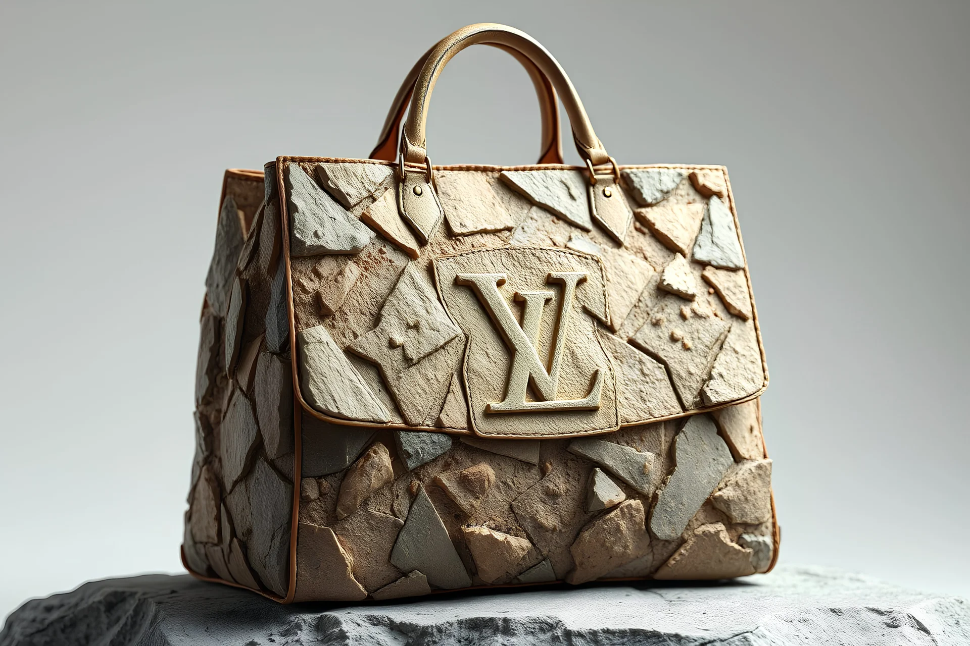 "Create a hyper-realistic image of a AVAVOGUE handbag with an exterior crafted entirely from jagged stone and rock fragments. The body of the bag is made up of various rough-textured stones and sharp-edged rock pieces, carefully assembled to form the iconic Louis Vuitton shape. Each stone is distinct, with natural cracks, crevices, and color variations, creating a rugged and organic appearance. The iconic Louis Vuitton monogram is subtly integrated into the stone surface, carved into the ro