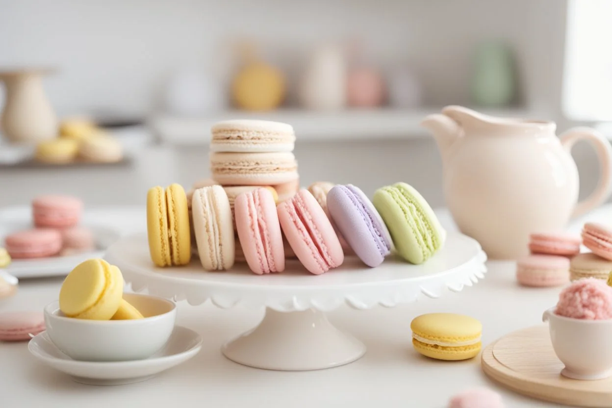 amigurumi desserts, cookies and macarons on lace tablecloth in a modern kitchen in sunshine