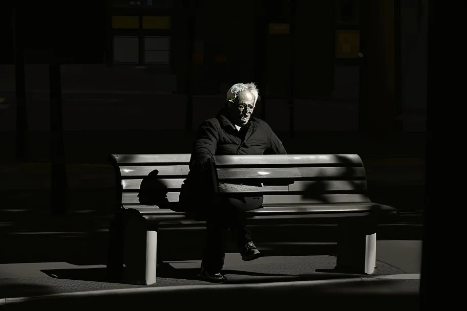 man sitting on a bench in the street
