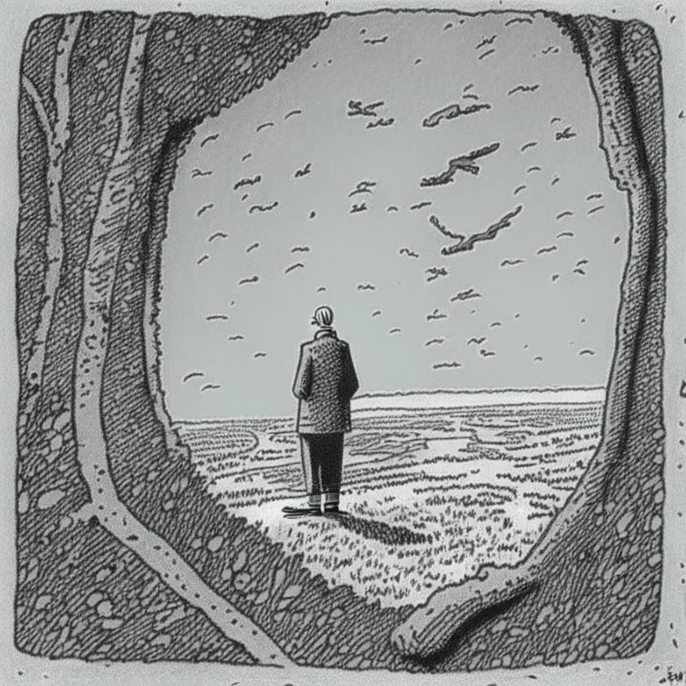 a alone man. pen and ink ,birds eye view, illustrated by hergé, Background space
