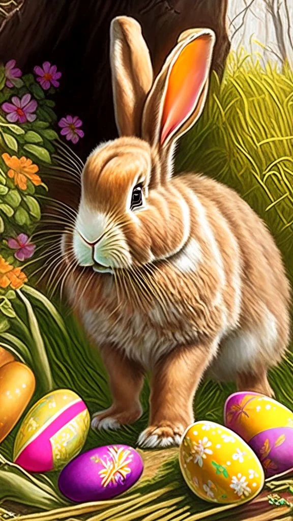 Easter bunny adventure, art, drawing, very realistic, detailed, vibrant colors.