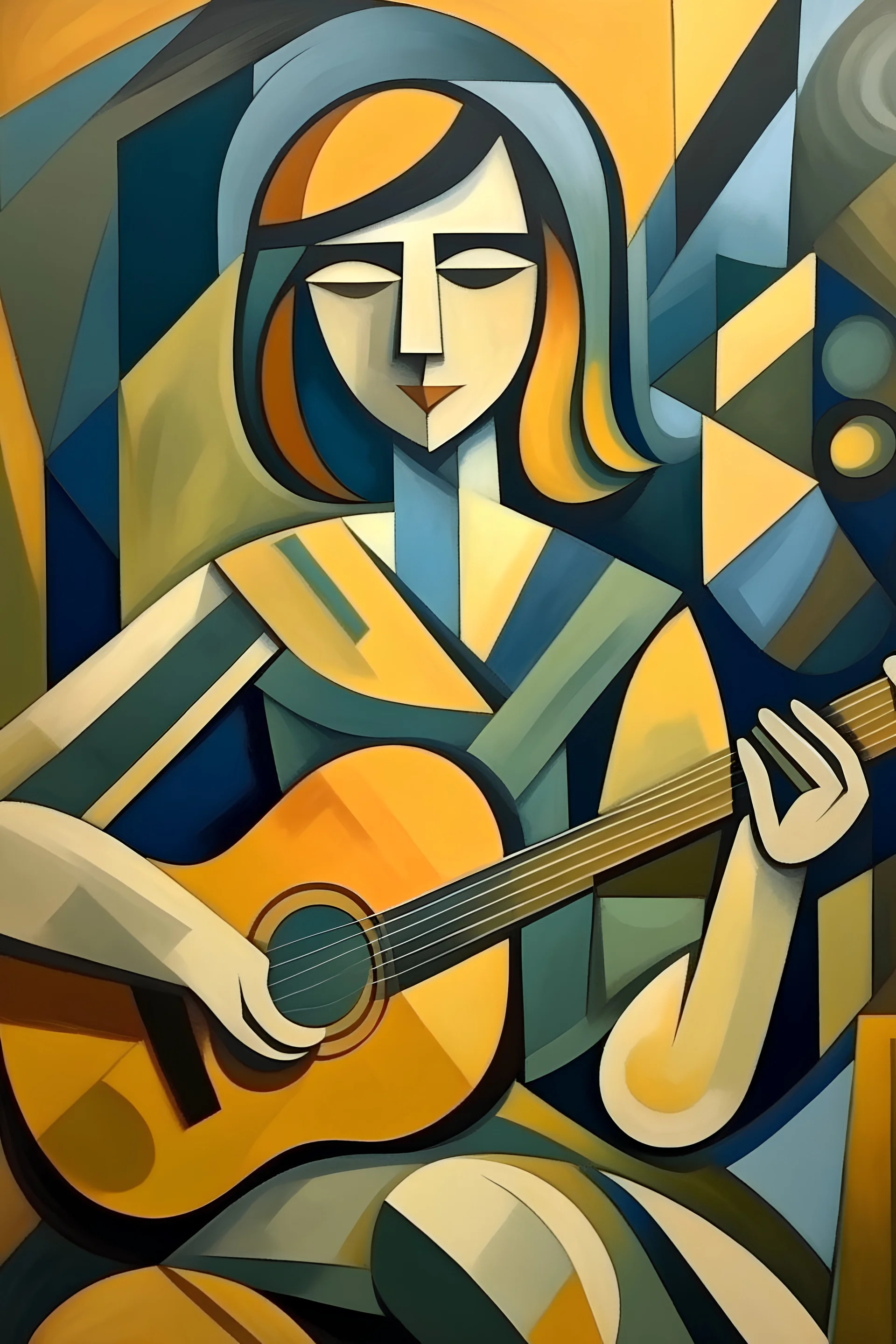 A girl plays the guitar in the style of the Cubist school