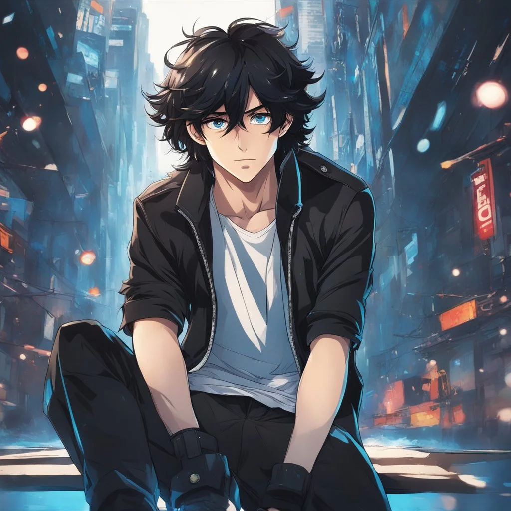 (masterpiece), (anime style), award winning, close up, centered, Instagram able, looking toward camera, dynamic pose, messy black hair, young man, blue eyes, modern intricate background, dynamic lighting, depth of field, ultra detailed, (epic composition, epic proportion), 2D illustration, professional work, black clothes